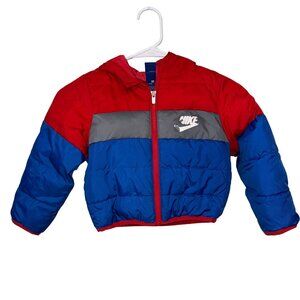 Nike Toddler Puffer Jacket 3T Red/Blue/Gray With Hood & Zipper Closure